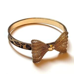 Vintage 80s Gold Tone Chain Bow Leopard Print Retro Barbie Bangle Bracelet